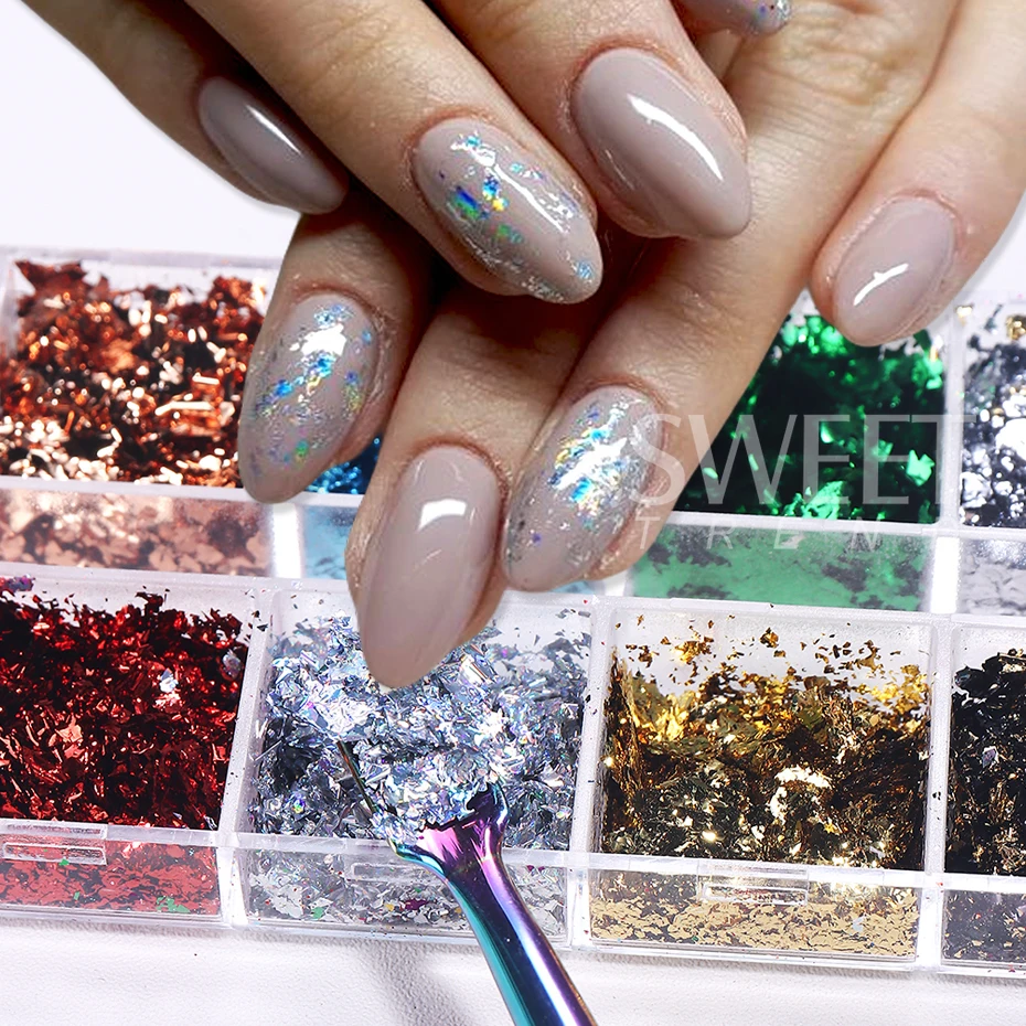 12 Grids Golden Foils Nails Gl - Gold Foil Flakes ulasan dan harga